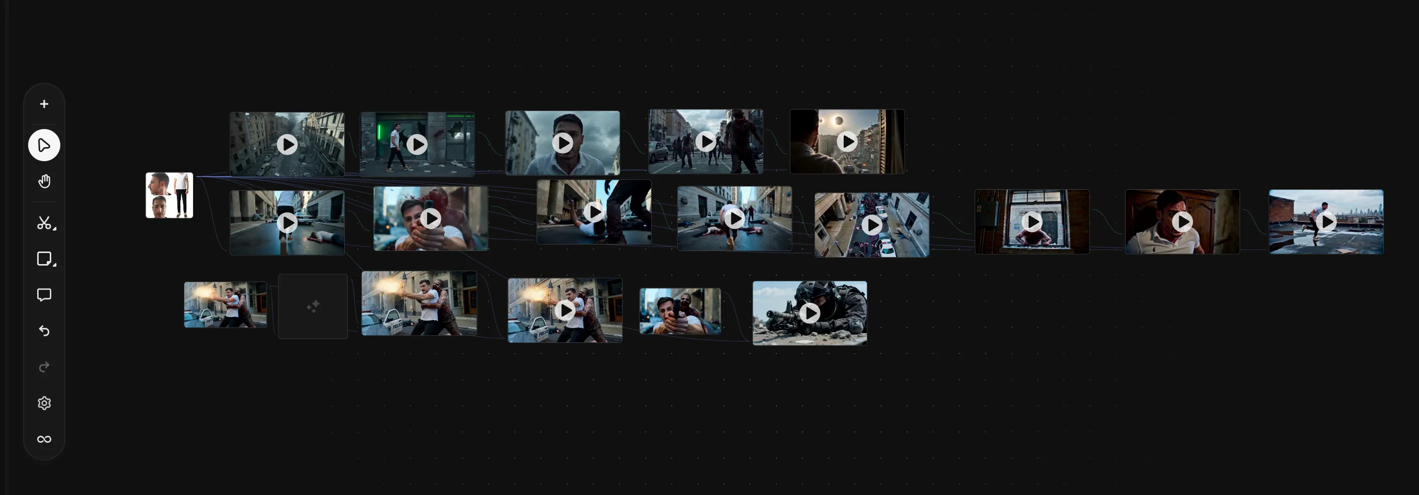 Workflow cinematografico AI con scene collegate