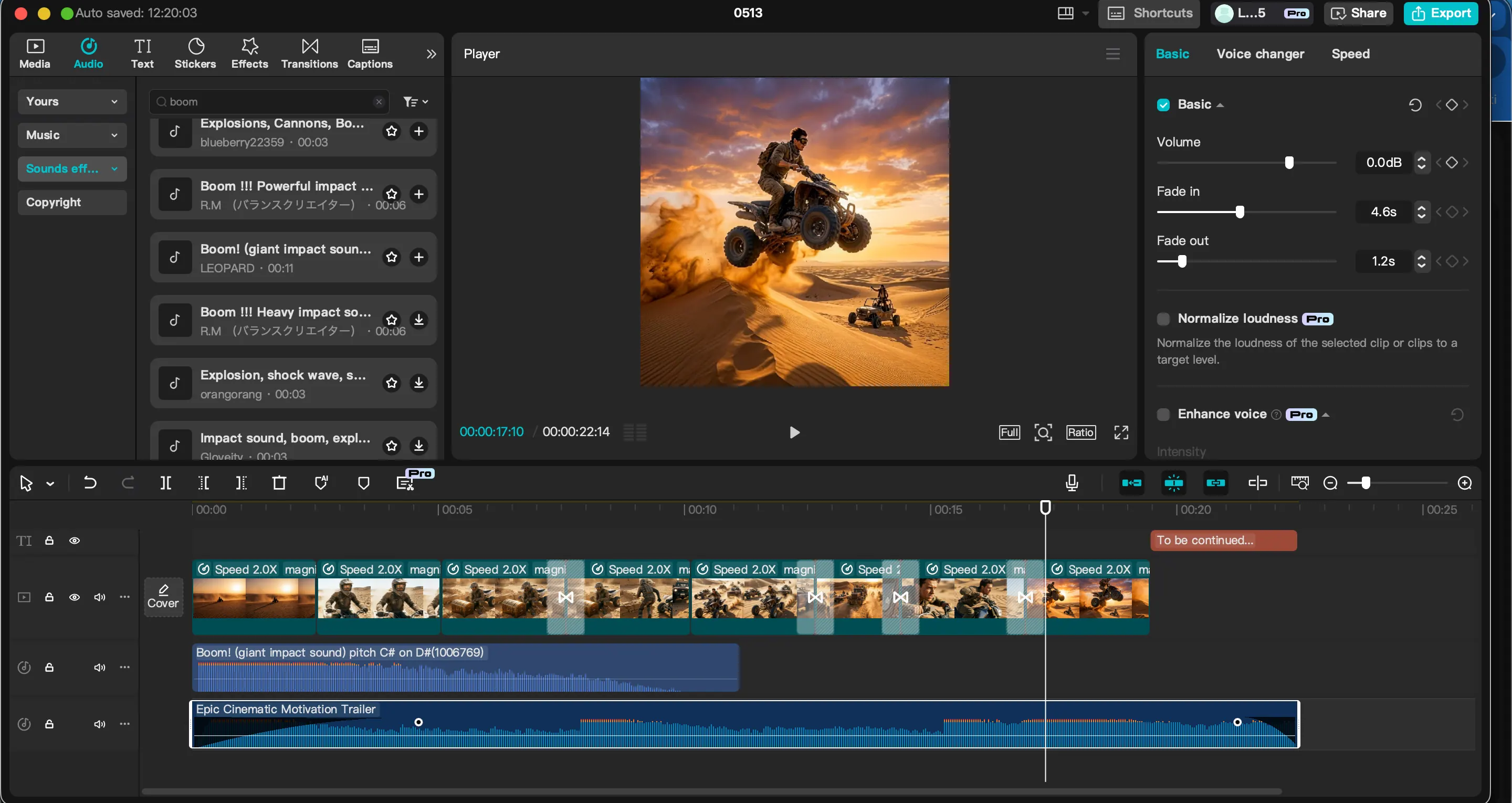 Interfaccia CapCut con timeline, audio, effetti e video AI in editing